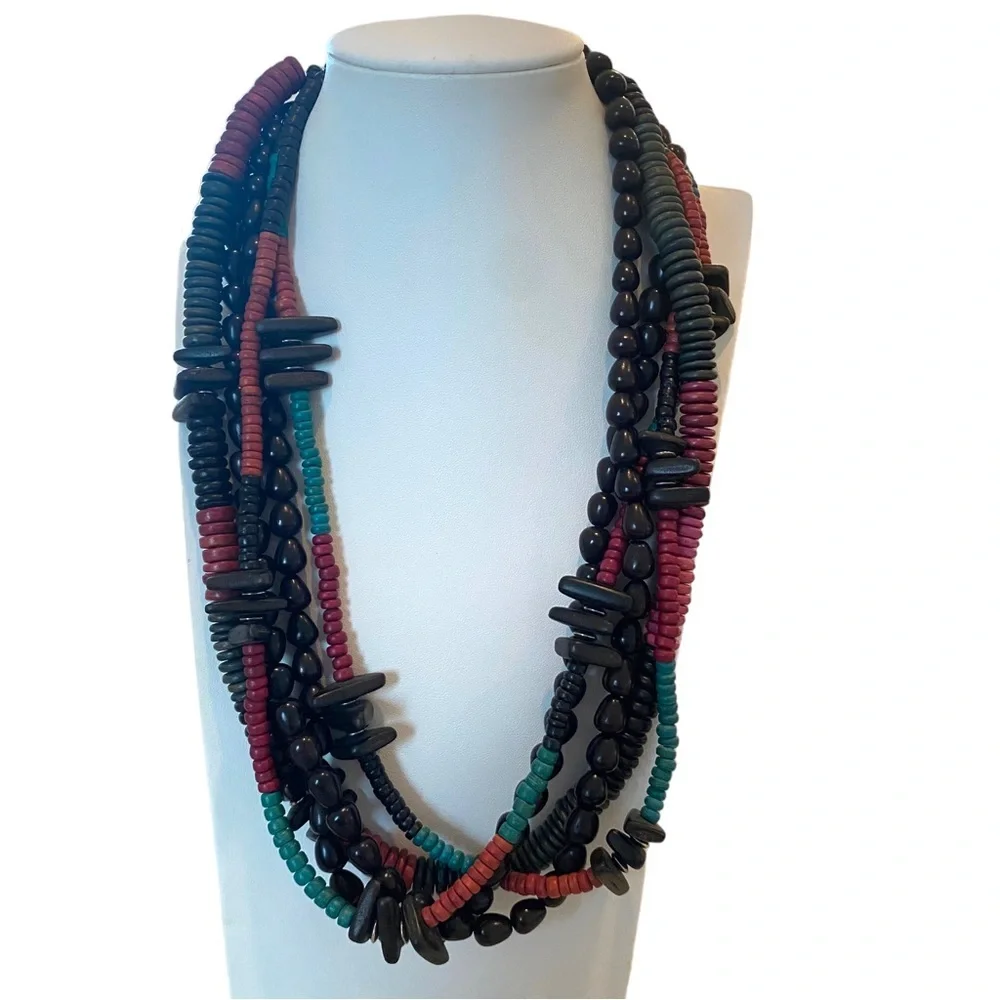 Wooden tribal multi strand multicolor necklace black red 11”